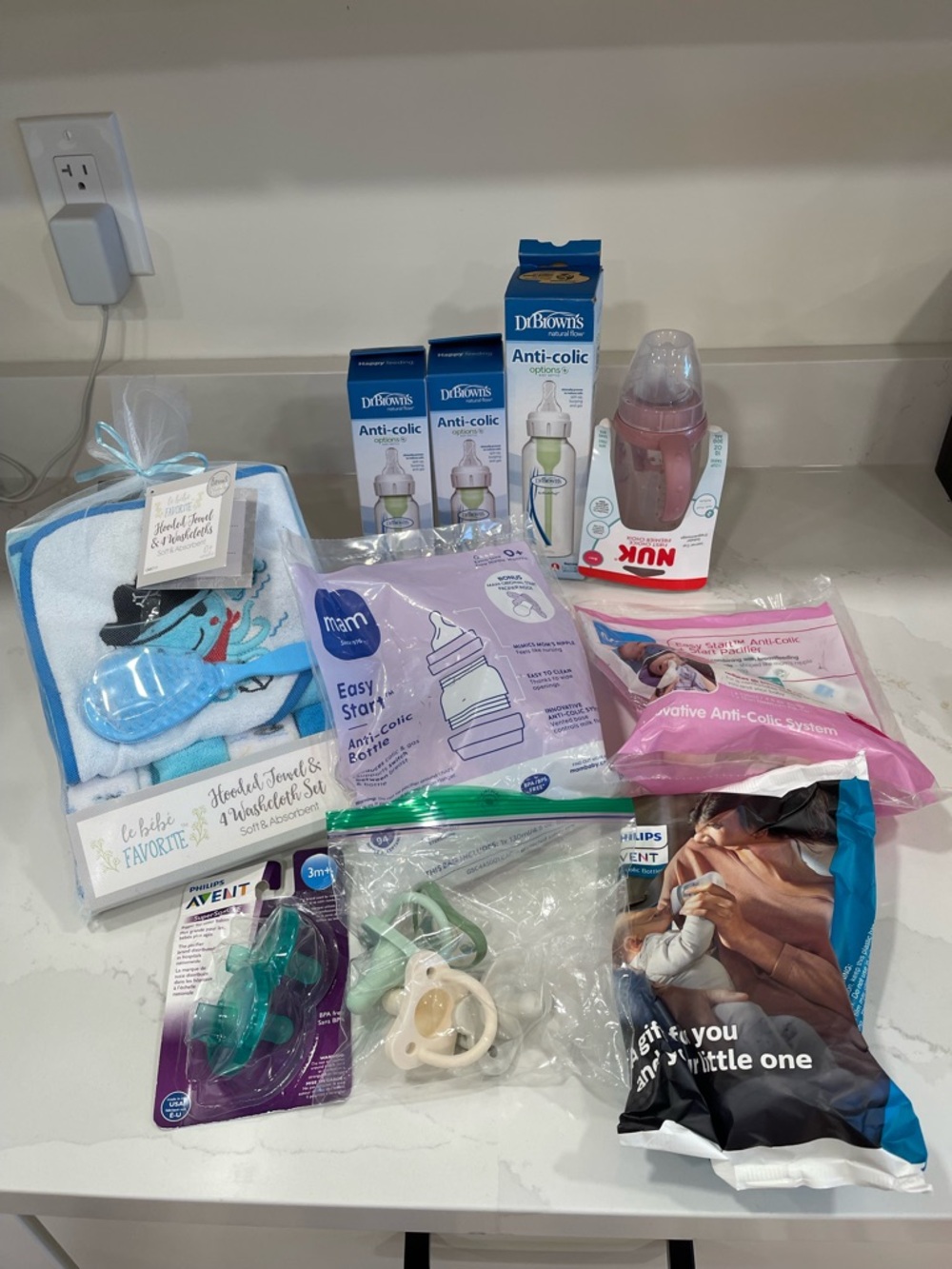 Baby supplies - baby bottles, learner cup, pacifiers, towel set